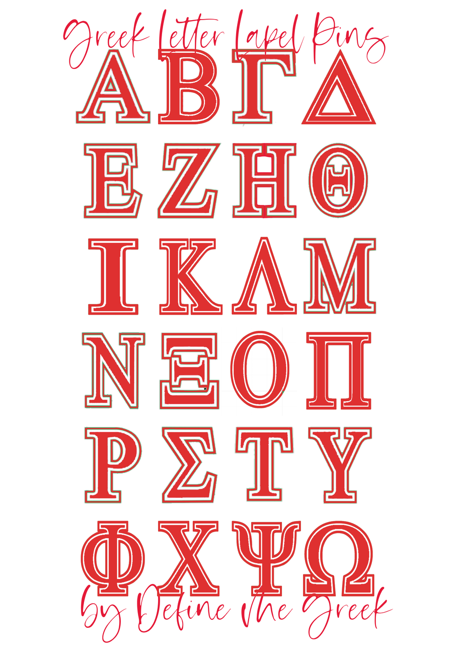 Individual Greek letter lapel pins (red and white)
