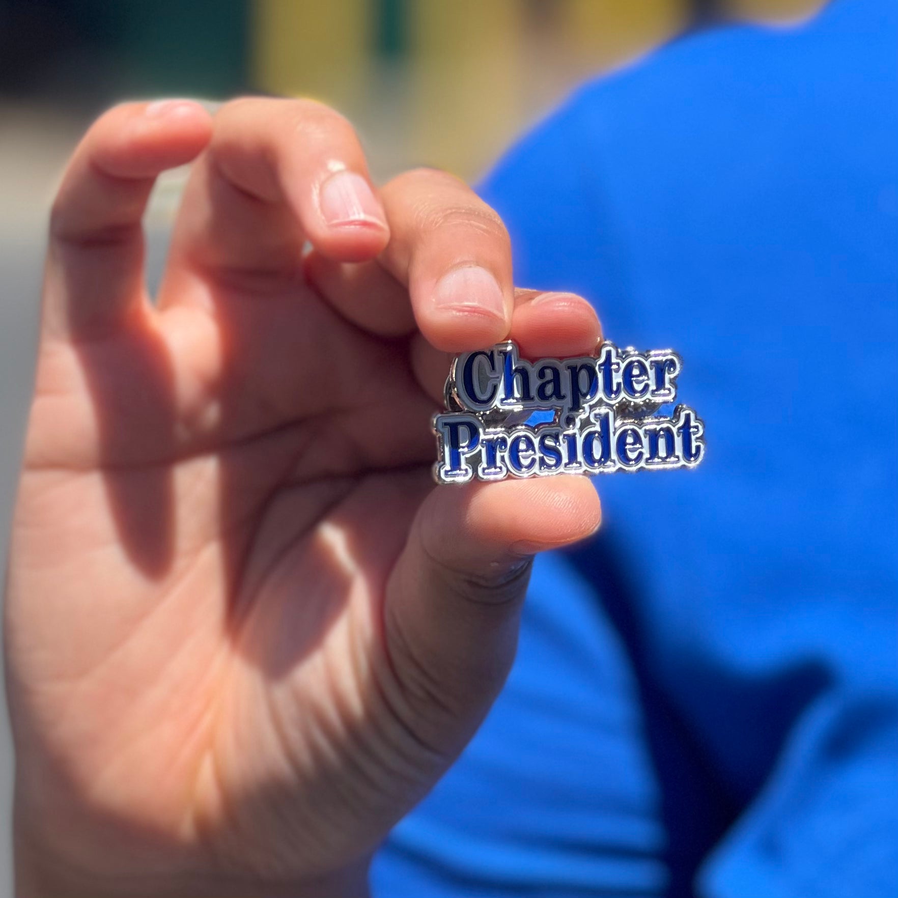 Title lapel pins (blue and white) Define Me Greek